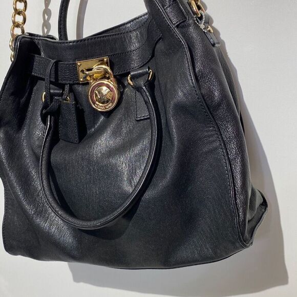 Michael Kors Hamilton Womens Black Chain Strap Leather Tote Bag Size Large - Picture 4 of 11